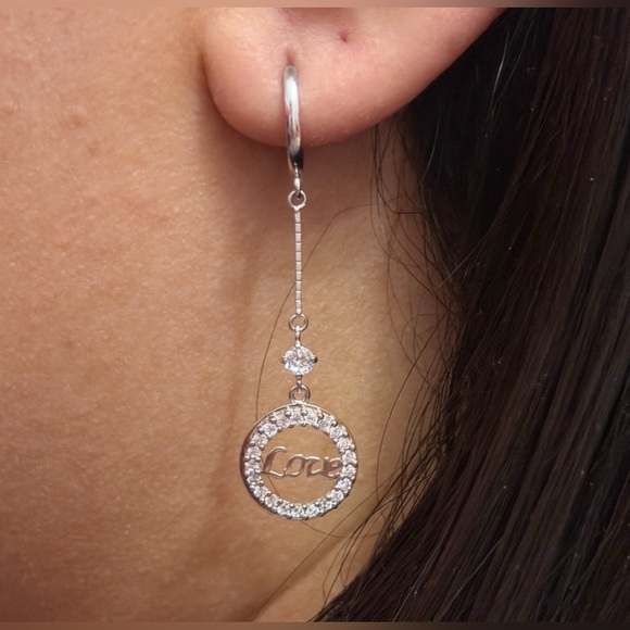 14K White Gold Love Dangle Earrings Circle Drop CZ Halo Design - Picture 4 of 5